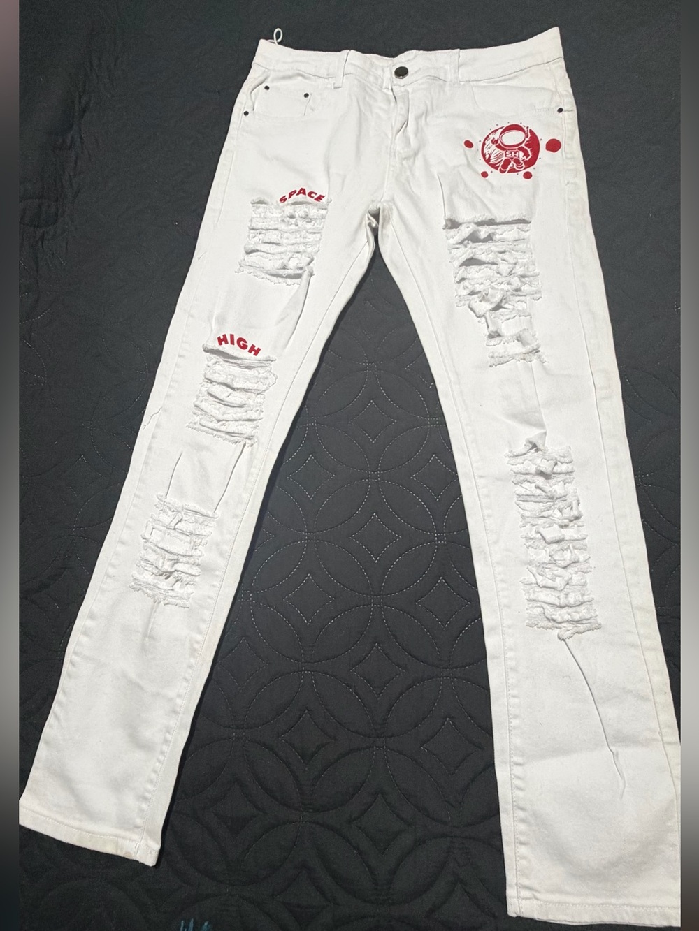 White Distressed Slim Fit Women’s Jeans with Red Graphic
